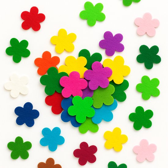 25 fleurs en feutre dans diverses couleurs: rouge, vert, bleu, orange, jaune, rose, violet, blanc et vert foncé.