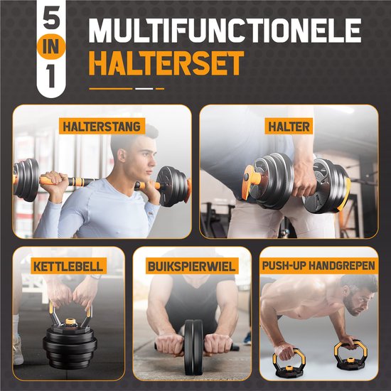 Collage van 5 fitnessattributen: halterstang, halter, kettlebell, buikspierwiel, push-up handgrepen.