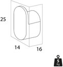 Technische tekening van een hoekbevestiging met afmetingen 25x14x16 en gewichtsaanduiding 5 kg.