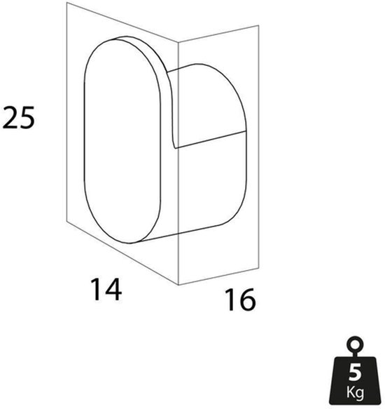 Technische tekening van een hoekbevestiging met afmetingen 25x14x16 en gewichtsaanduiding 5 kg.