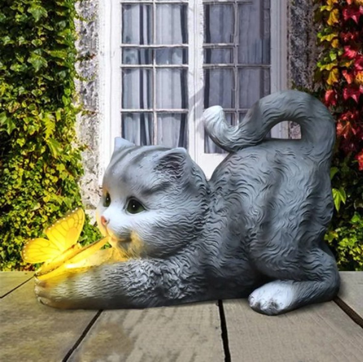 LED Solar Tuinlamp Kat – Schattige Dieren Beeldje Buiten | Solar Licht Ornament voor Gazon