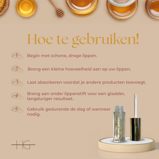 Hoe te gebruiken HG Aesthetics lip serum: 5 stappen met illustraties en een productfoto van het lipserum met applicator.