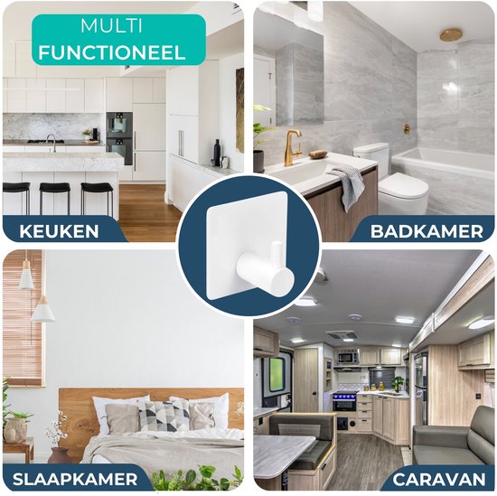 Multifunctionele witte haakjes gebruikt in keuken, badkamer, slaapkamer en caravan.