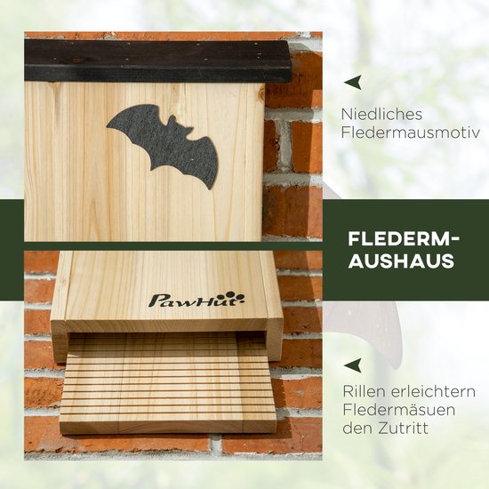PawHut Fledermauskasten 3er- Set, Fledermaushaus, Nistkasten für Fledermäuse, Fledermausbox zum Aufhängen für Summer, Winter, Tannenholz, 25 x 6 x 37,5 cm, Naturel