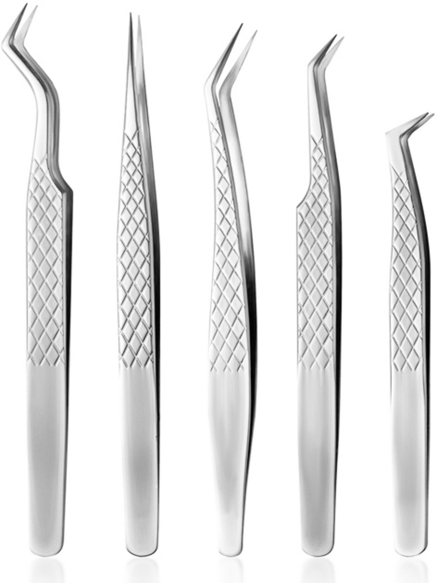 YUBBI Wimperextension Pincet Set - Isolatie pincet - Volume - Precisie Pincet - Epileer - 5 Stuks - Zilver