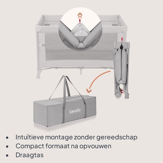 Illustratie die de intuïtieve montage en compacte formaat van het grijze reisbedje toont, inclusief de draagtas.