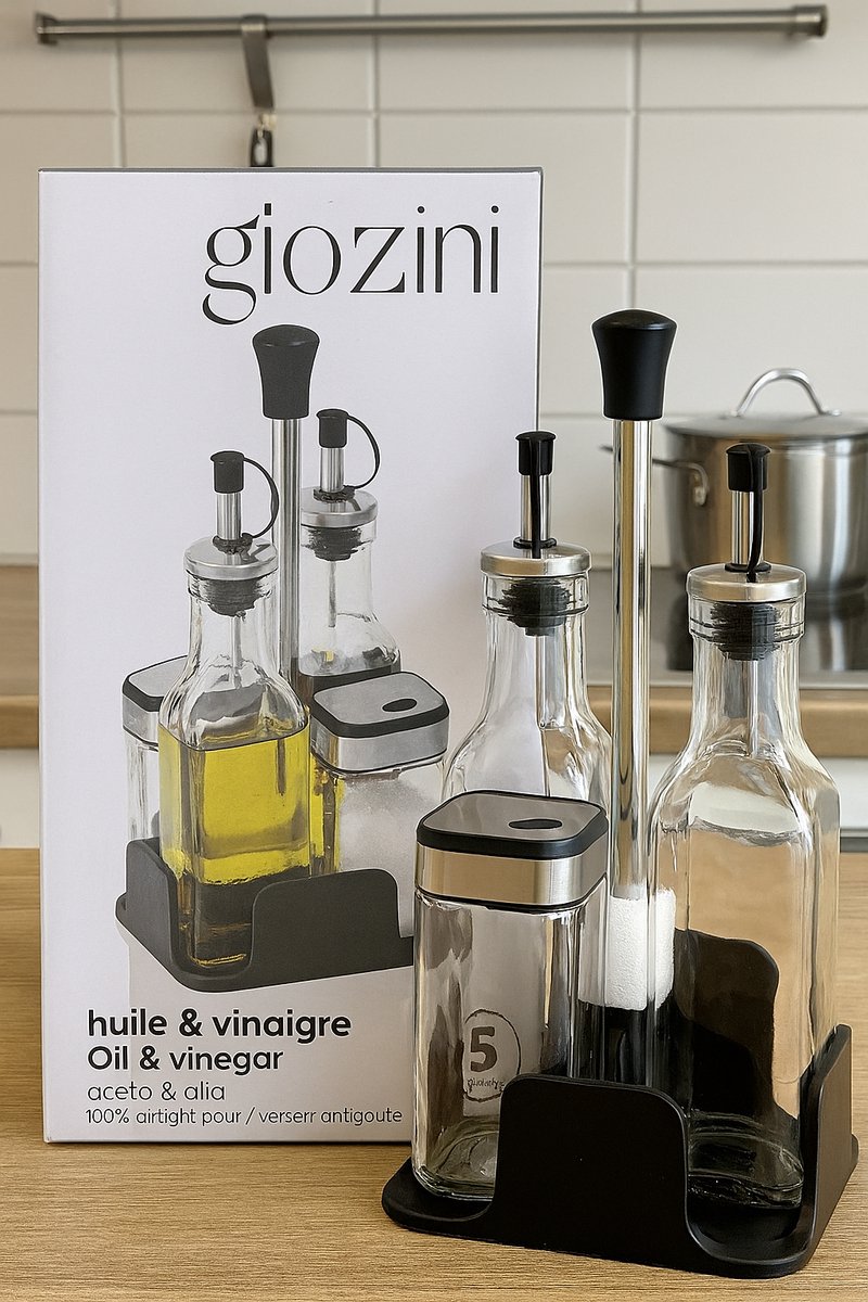 Glozini Olie- en Azijn Dispenser Set – Glazen Flessen met RVS Doppen