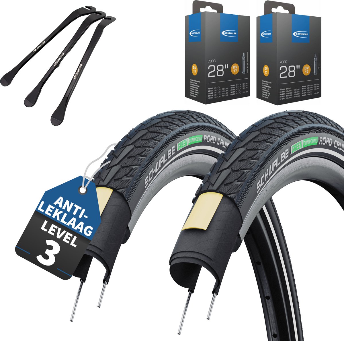 2-delige Schwalbe Road Cruiser fietsbanden zwart reflex 28x1,40 inch buitenband (37-622) – met DV- Dunlop / Hollands ventiel binnenbanden & 3x MSZweirad bandenlichters