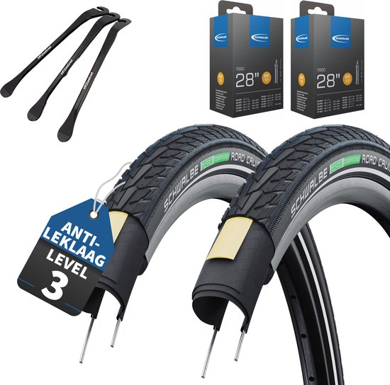 2-delige Schwalbe Road Cruiser fietsbanden zwart reflex 28x1,40 inch buitenband (37-622) – met DV- Dunlop / Hollands ventiel binnenbanden & 3x MSZweirad bandenlichters