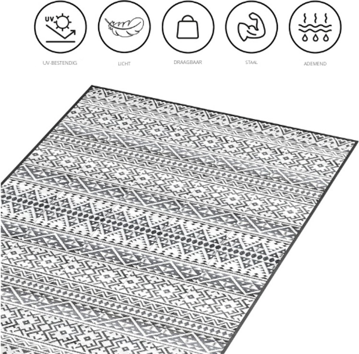 Thuys – Buitenkleed Waterdicht Lichtgewicht – Picknickkleed Zwart – Wit – Dubbelzijdig Buitentapijt – 250 x 400 cm – Grijs