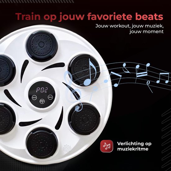 Witte boksmachine met muzieknoten en verlichte doelen.
