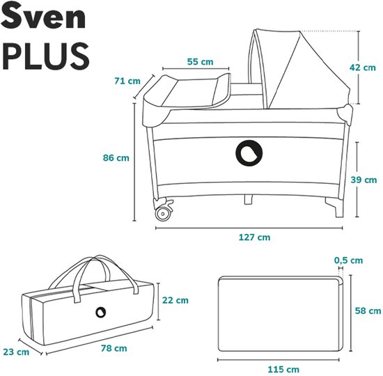 Technische tekening van de grijze Lionelo Sven Plus reiswieg met afmetingen en accessoires.
