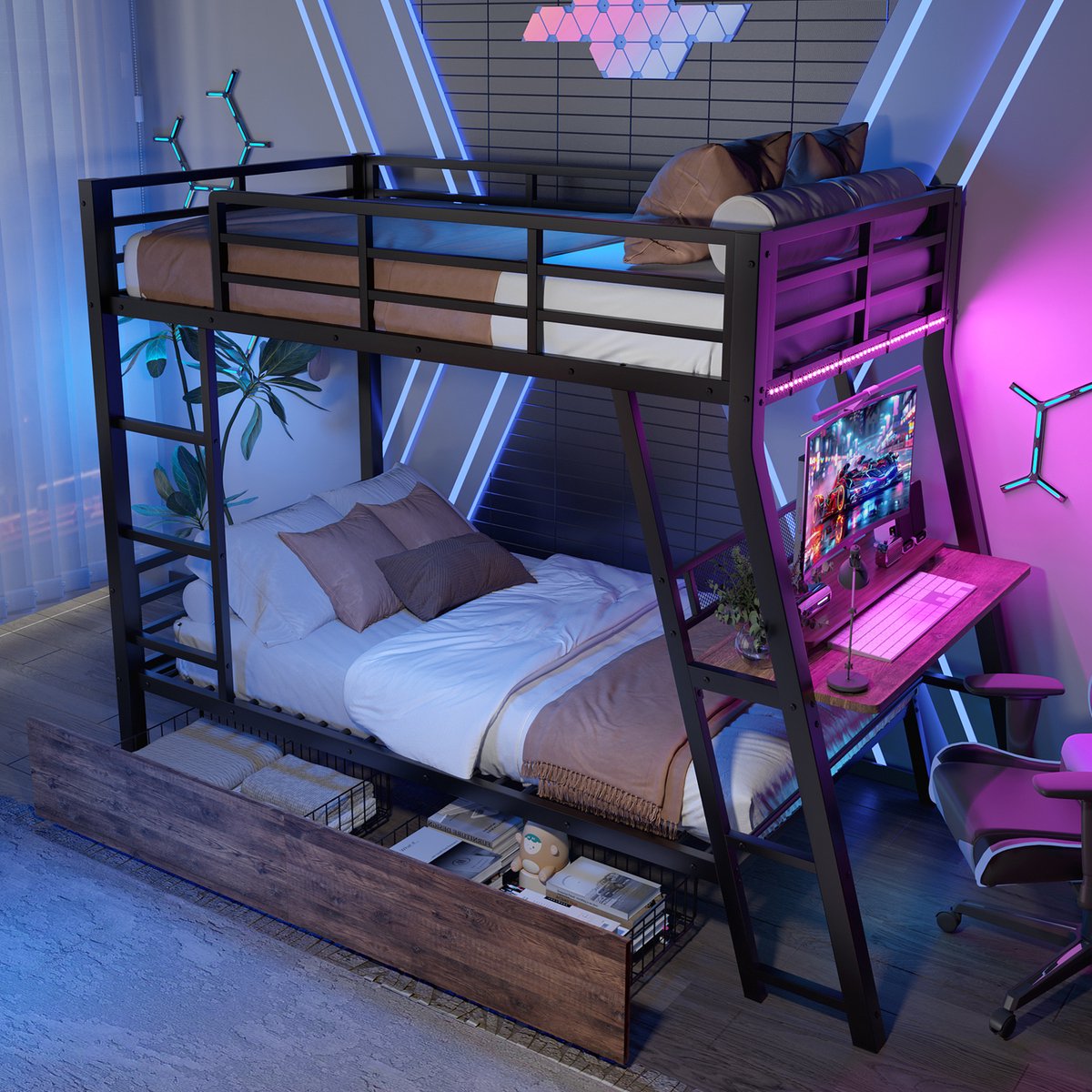 Gutent Stapelbed - 90 x 200 cm - IJzeren frame - LED-lichtlijst - Met laden en relingen - Met bureau - Zonder matras - Zwart
