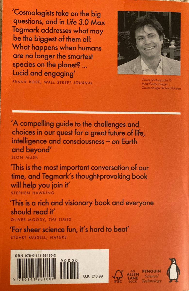 Achterkant van het boek 'Life 3.0' met citaten van Elon Musk en Stephen Hawking, en een foto van Max Tegmark.