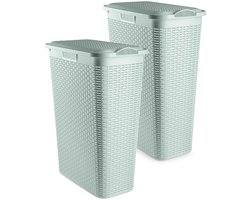 Plasticforte Smalle Wasmand met deksel Rotan - 2x - groen - gevlochten kunststof - 48 liter - 27 x 46 x 60 cm
