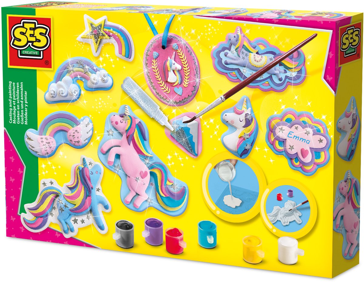 SES - Gieten en schilderen - Eenhoorns - Unicorn Speelgoed - sneldrogend - Gips Gieten - vormpjes, gips, verf, penseel, glitterlijm, gladstrijkkam en satijnband - knutselen meisjes