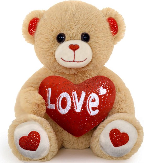 Bruine Teddybeer met Hart ”I Love You” (Rood/Wit) 22 cm [valentijn cadeautje voor hem haar – valentijnsdag decoratie cadeau man vrouw - i love you teddybeer knuffelbeer – rozen beer xxl – liefdes beertje - valentijnsdag knuffel]