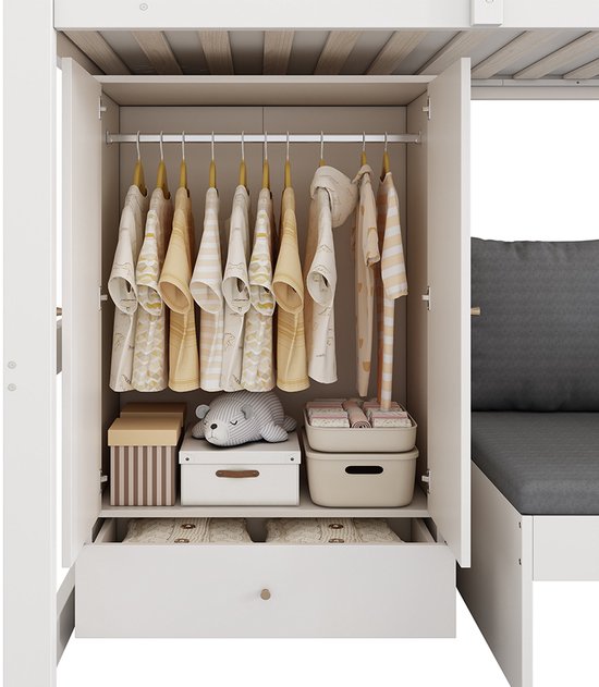 Lit Superposé Enfant Avec Armoire Et Rangement - 90x200 Cm - Pin Blanc/Naturel - Certifié EN-747 - 2