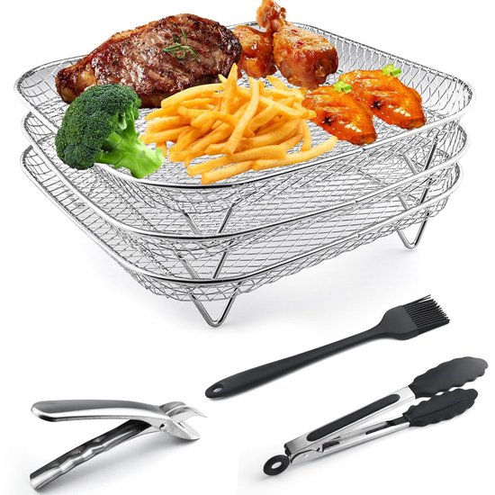 Foto: Trankielo 3 laags rvs airfryer rack voedselveilig 304 rvs voor heteluchtfriteuses ovens en magnetrons inclusief tang borstel en voedseltang