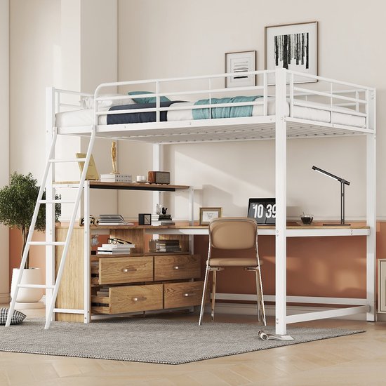 Lit mezzanine - 140x200cm - tiroirs pratiques - bureau élégant en L - design stratifié - sans matelas - blanc