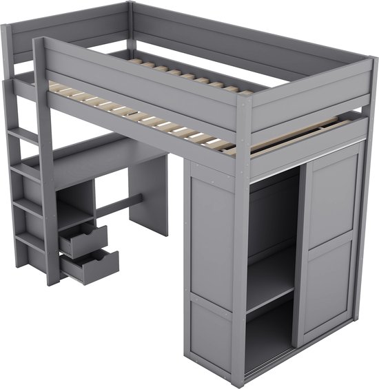 Lit mezzanine 90x200 cm - lit bébé multifonctionnel avec armoire, bureau et tiroirs - gris