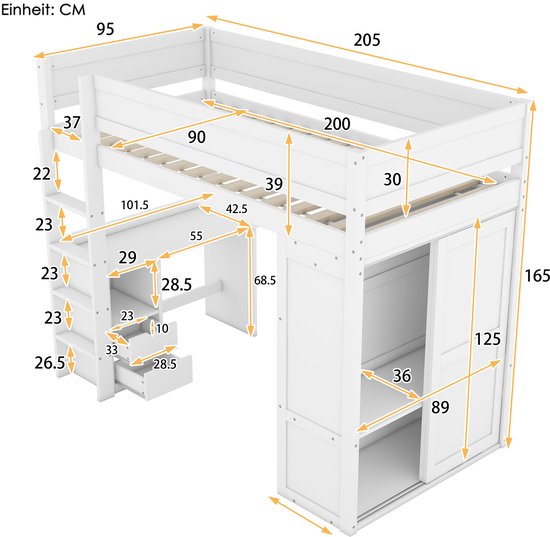 Lit mezzanine 90x200 cm - lit enfant multifonctionnel avec armoire, bureau et tiroirs - blanc