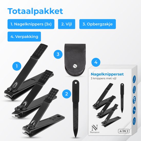 Nuvance Nagelknipper - 4 in 1 - Incl. Nagelvijl - Nageltang - Teennagelknipper - Kalknagel - Zwart