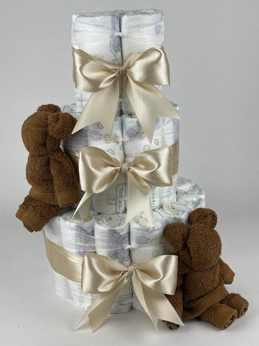 Chouette-Chouette | Luiertaart Neutraal | Kraamcadeau | Geboorte Jongen Meisje | Babyshower | Beren clay Bruin - Beige