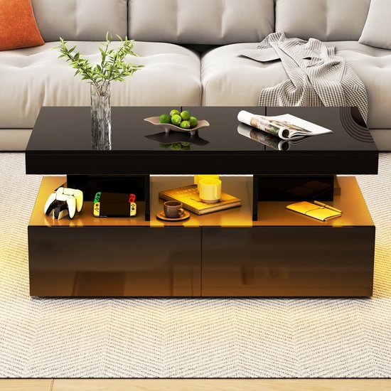 Moderne hoogglans Salontafel - met twee lades, open vakken, afstandsbediening LED-verlichting - 140x53x46 cm - Zwart