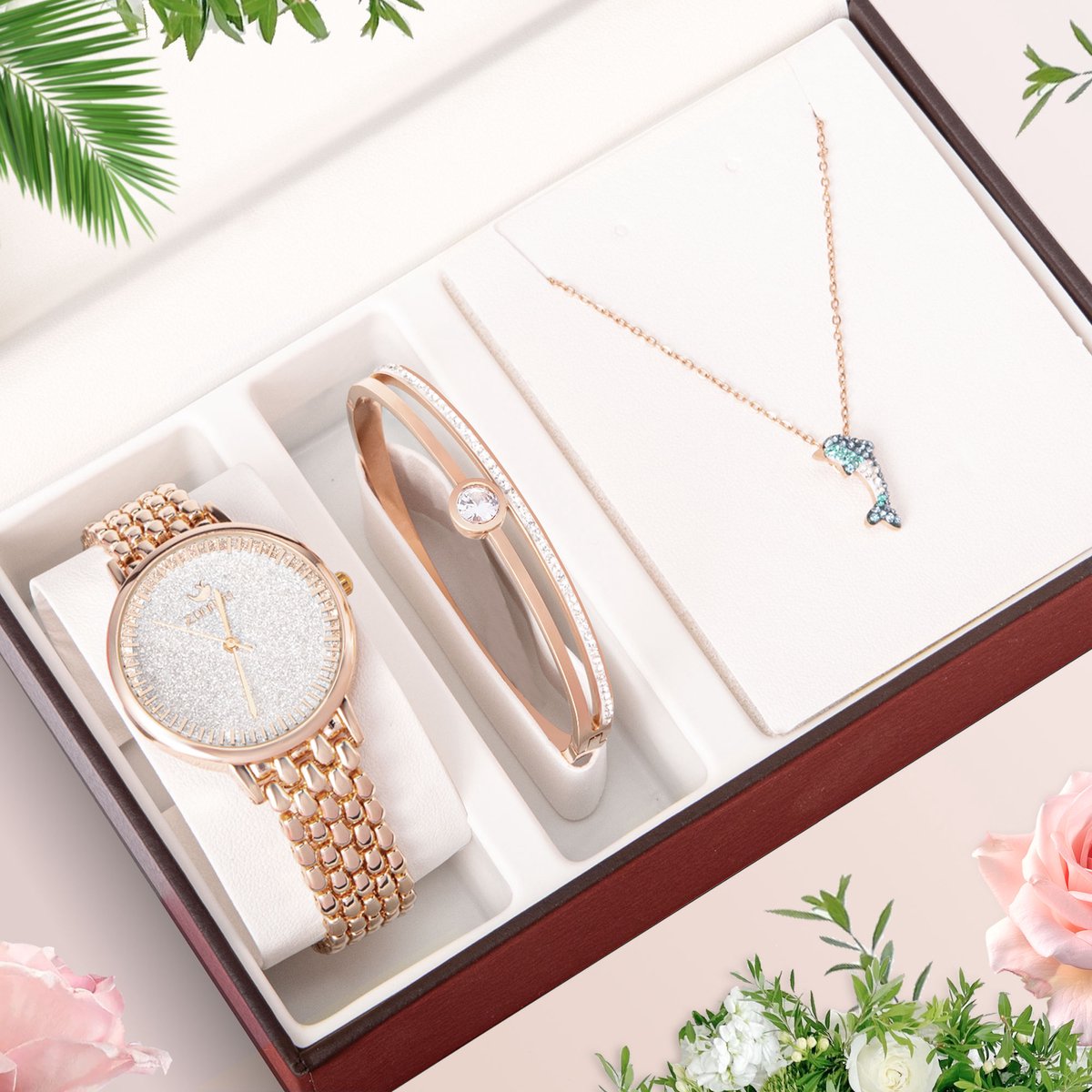 Dameshorloge - Kwarts - Dames sieraden set - Dames ketting - Dames armband - Cadeauverpakking