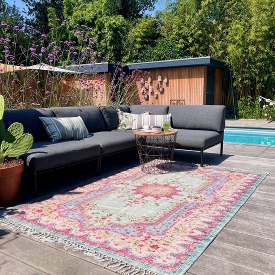 Buiten-binnen kleed, Buitentapijt | vintage patroon | roze, groen en blauw | 300cm x 200cm | Gemaakt van PET Flessen