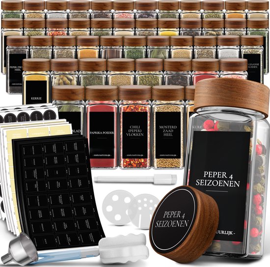 Soothe 48 Glazen Kruidenpotjes Vierkant met Acacia Deksel – 2 Soorten Strooideksels – Kruidenstrooier – Spice Jars – Complete Set incl Kruiden Stickers, Krijtstift en Accessoires – 120ml