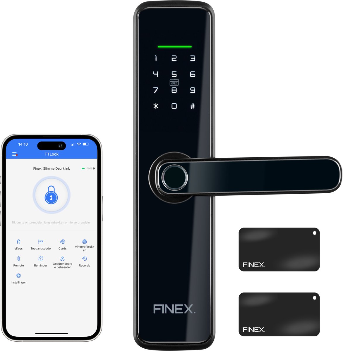 Finex Smart Lock - Slimme Deurklink - Slimme Deurslot - Deurklink met Vingerafdruk - Met APP & WiFi - BlueTooth - Zwart - Anti inbraak - Slim slot - Deurslot