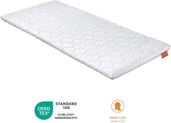 Surmatelas blanc à motif matelassé, certifié OEKO-TEX STANDARD 100.
