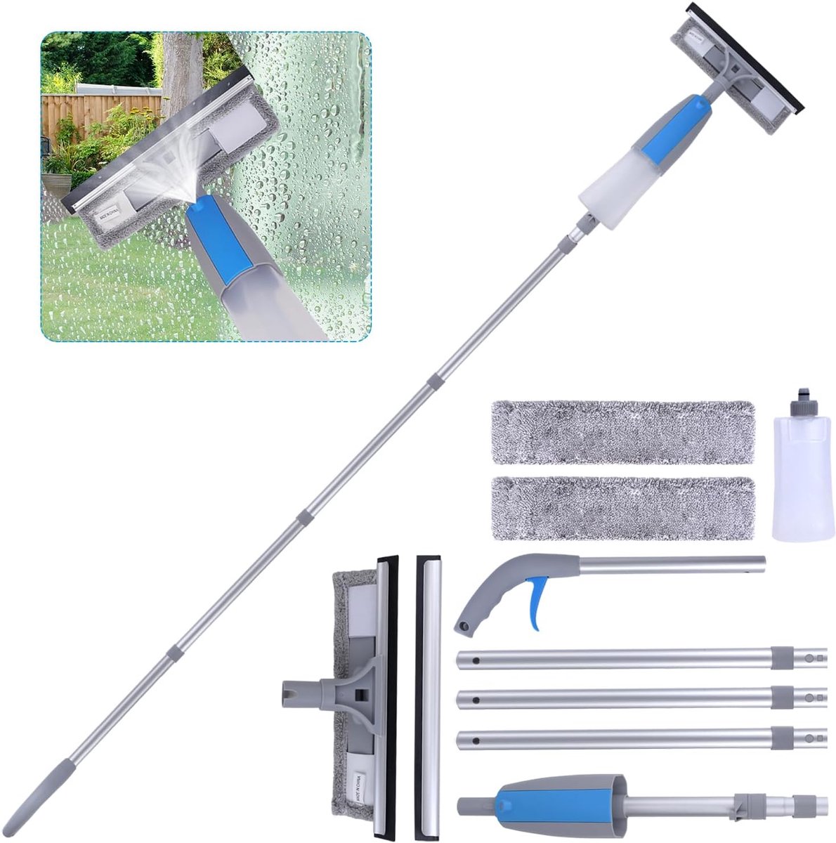 3-in-1 raamwisser - met sproeifunctie - telescopische steel - 5-delige aluminium verlengstok - afneembare vezeldoek - superabsorberend