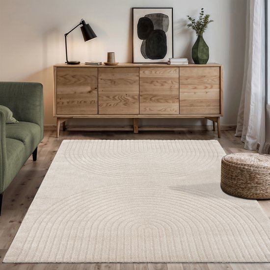 le tapis Elisa, tapis de salon moderne, design géométrique, haute densité de poils, Beige, 080 x 150 cm