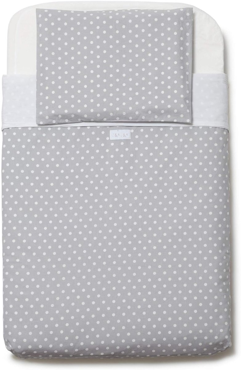 4-delige Wieg Beddengoedset – 100% Katoen – Hoeslaken 83x50 + Dekbedovertrek + Kussensloop + Dekbed – Grijs met witte Stippen motief | Perfect Kado – foto 3