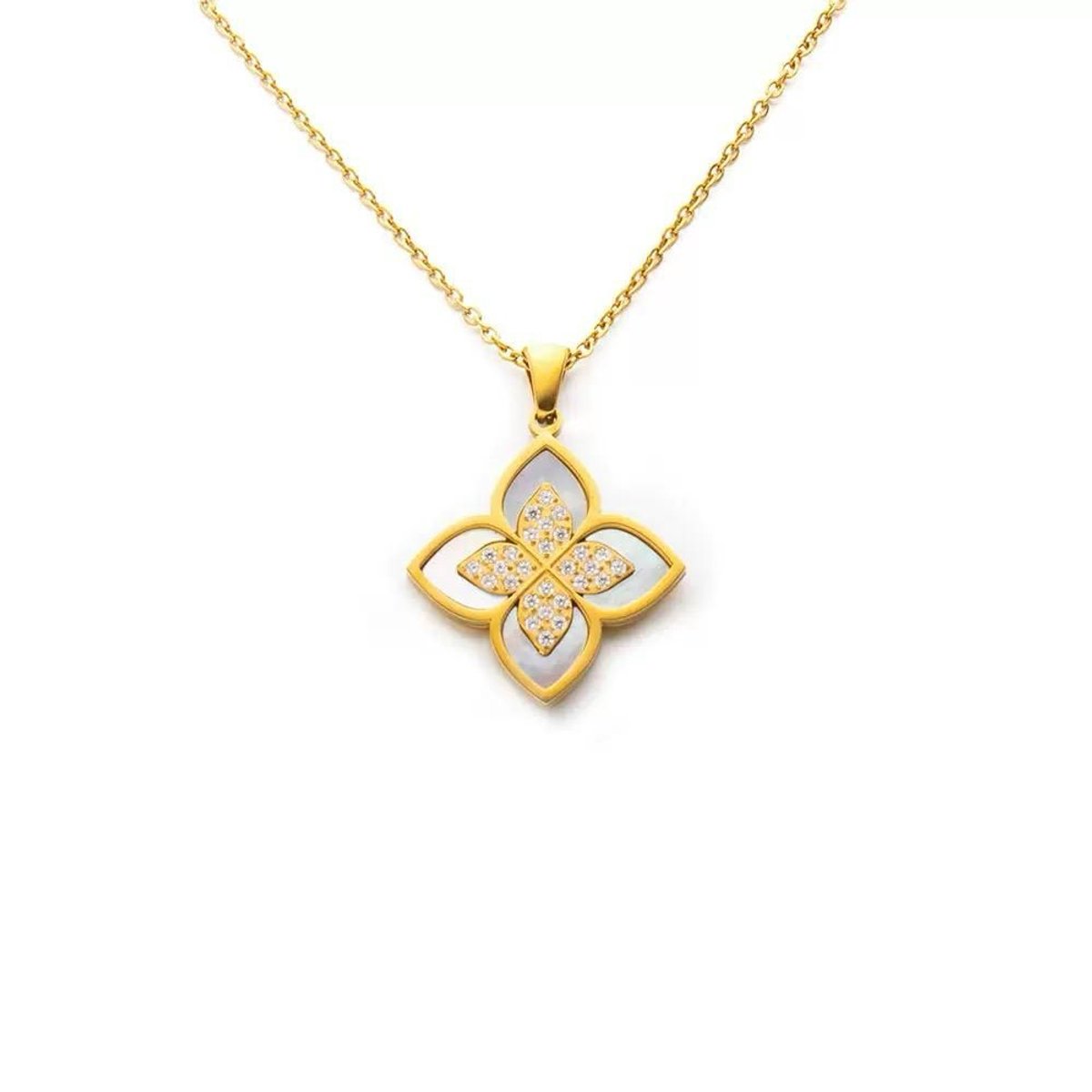 Cliste Couture - Lydia Clover Ketting met Zirkonia - Sieraden - Vrouwen Ketting - Goudkleurig - Ketting Dames - Staal - vadeau voor vrouwen