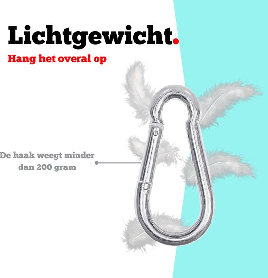 Zilveren karabijnhaak die minder dan 200 gram weegt, met veren op de achtergrond.
