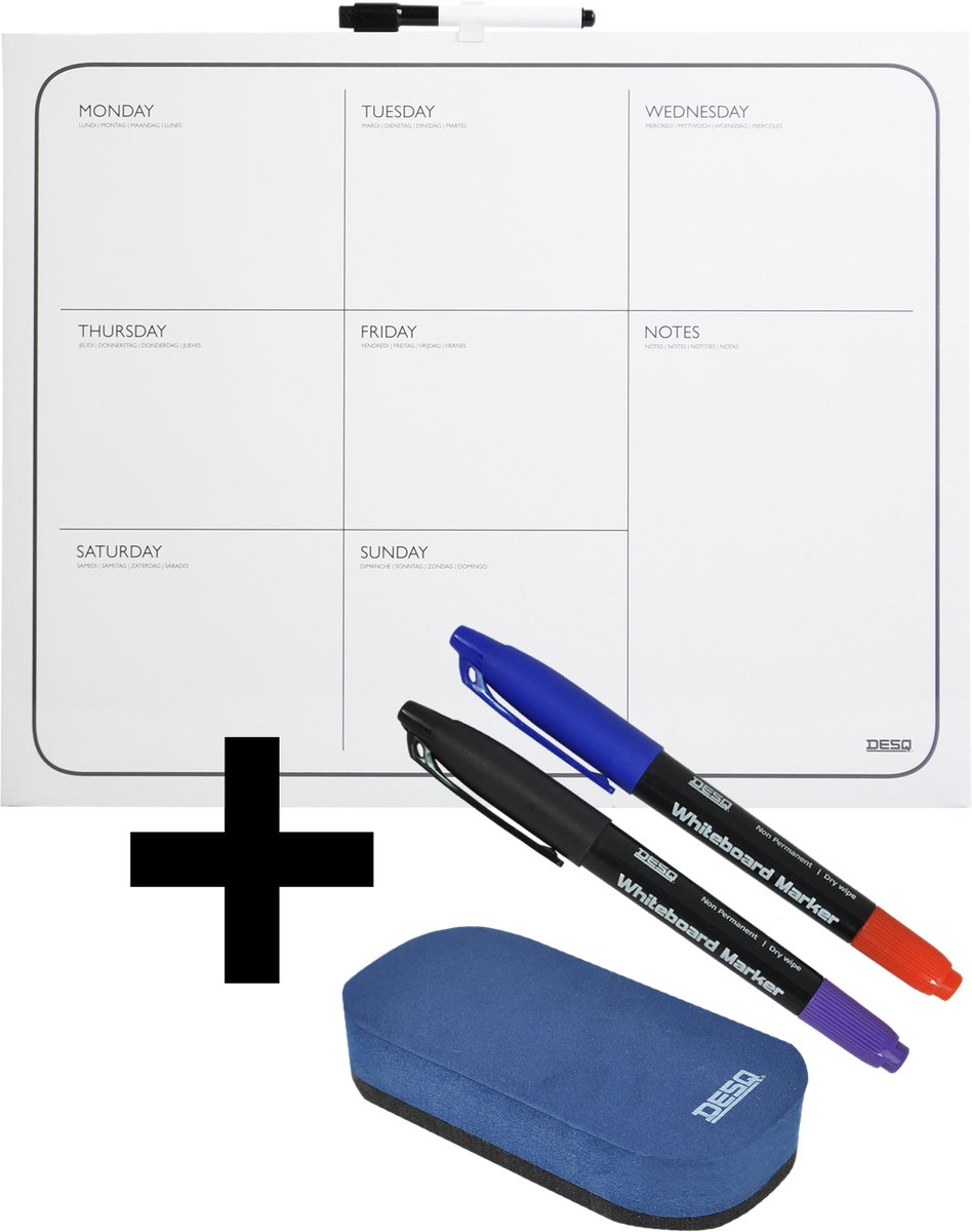 DESQ® Weekplanner met Stiften en Wisser - Whiteboard - Frameloos - Magnetisch - Droog Uitwisbaar - Agenda indeling - 40 x 50 cm
