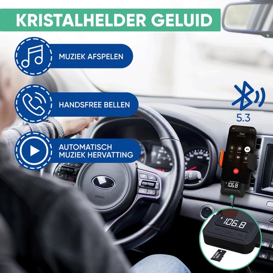 Man in een auto met de telefoonhouder gemonteerd op het dashboard. Iconen voor muziek, handsfree bellen en automatisch hervatten.