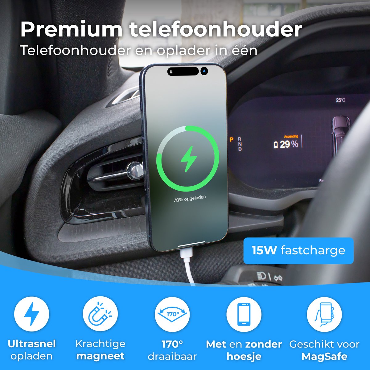Nuvance Telefoonhouders Auto - Geschikt voor MagSafe - Telefoonhouder - Draadloze Oplader - Gsm Houder Auto – foto 2