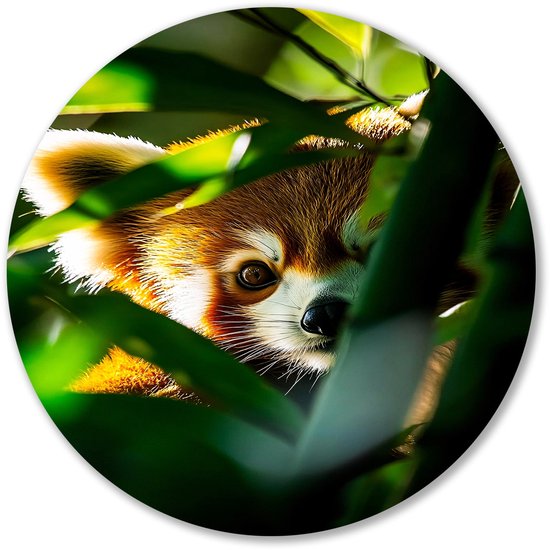 Rode panda tussen bamboebladeren - Dier muurcirkels - Wandschaal panda - Hyperrealisme - Forex kunstwerk cirkel - Antieke muurkunst - muurcirkel forex 90x90 cm