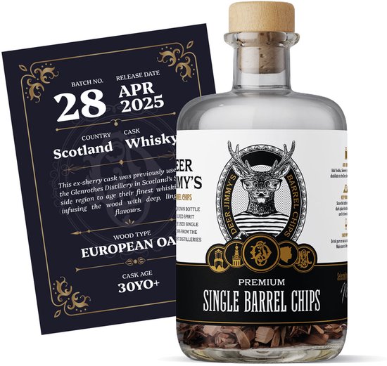 Deer Jimmy’s® Make Your Own Whisky / Legendary Drink – Batch 28: Whisky Speyside Barrel Chips – Maak je eigen drank met eiken houtsnippers van een premium whisky vat