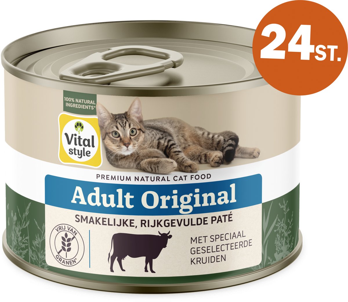 VITALstyle Adult Original - Kattenvoer Natvoer - Met Rund - Gevarieerde Voeding Voor Een Levenslustige Kat - Met o.a. Catnip & Peterselie - 24 x 200 g