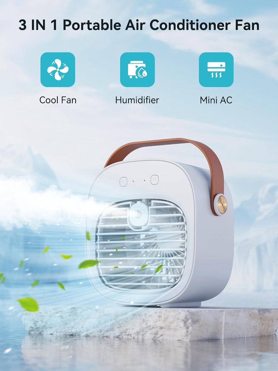 Mini airco-kleine airco-4000mAh oplaadbare persoonlijke luchtkoeler-Mini-airconditioner met 3 snelheden - mini aircooler met water-Stille desktopkoelventilator voor thuis, slaapkamer, reizen, kantoor, buiten en binnen – foto 3