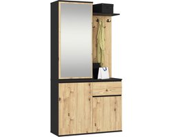Hal set met spiegel ENTRO / Halmeubel met 3 Deuren en 1 Lade / Hal Kast / Kapstok en Schoenenkast / Zwart - Artisan Eik / 95 x 183 x 35 cm