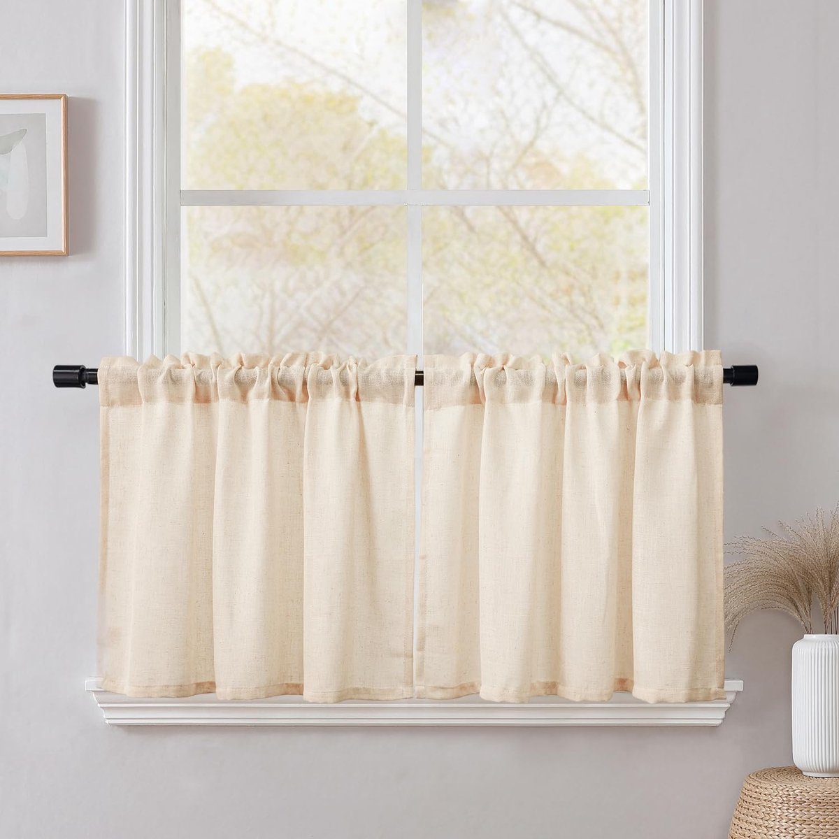 Ibenzoa Luxe Vitrage Keukengordijnen Set van 2 in Natuurlijk Linnenlook, Half-transparant, 60x90 cm, Beige