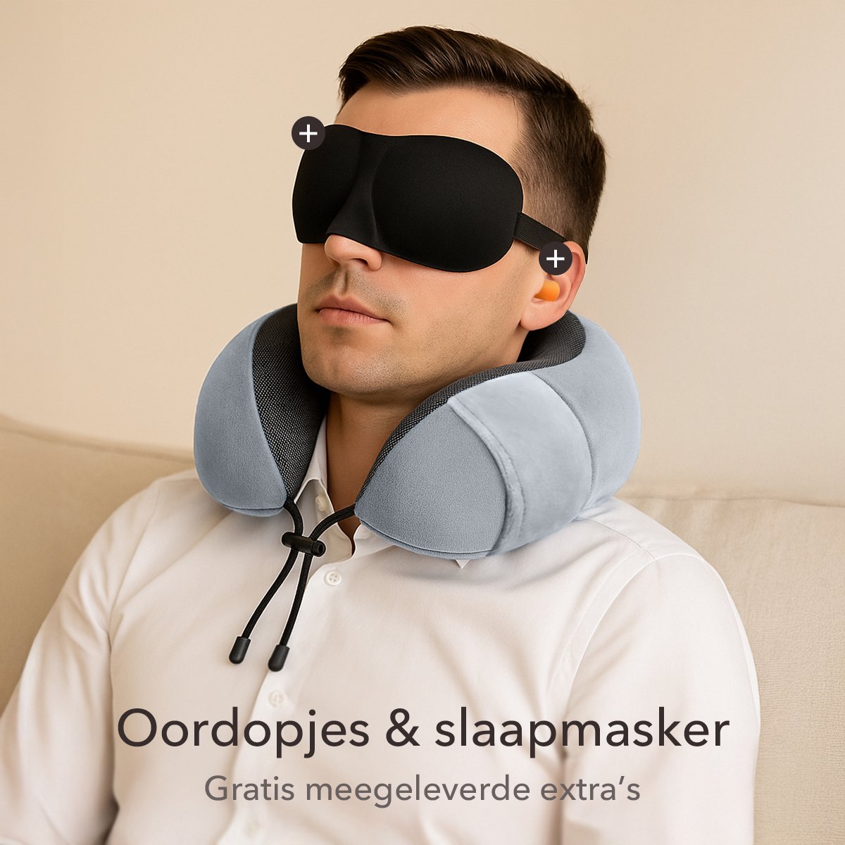 SKYCASES Travel Essentials - Nekkussen Set 3-delig - Ergonomisch Memory Foam Reiskussen met Oogmasker en Oordoppen - Ideaal voor Vliegtuig, Auto en Trein - Compact en Luxe - Lichtgrijs — afbeelding 6