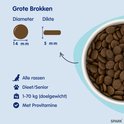 Afmetingen van Spark hondenbrokken: diameter 14mm, dikte 5mm. Geschikt voor alle rassen, dieet/senior, 1-70kg. Met Provitamin.